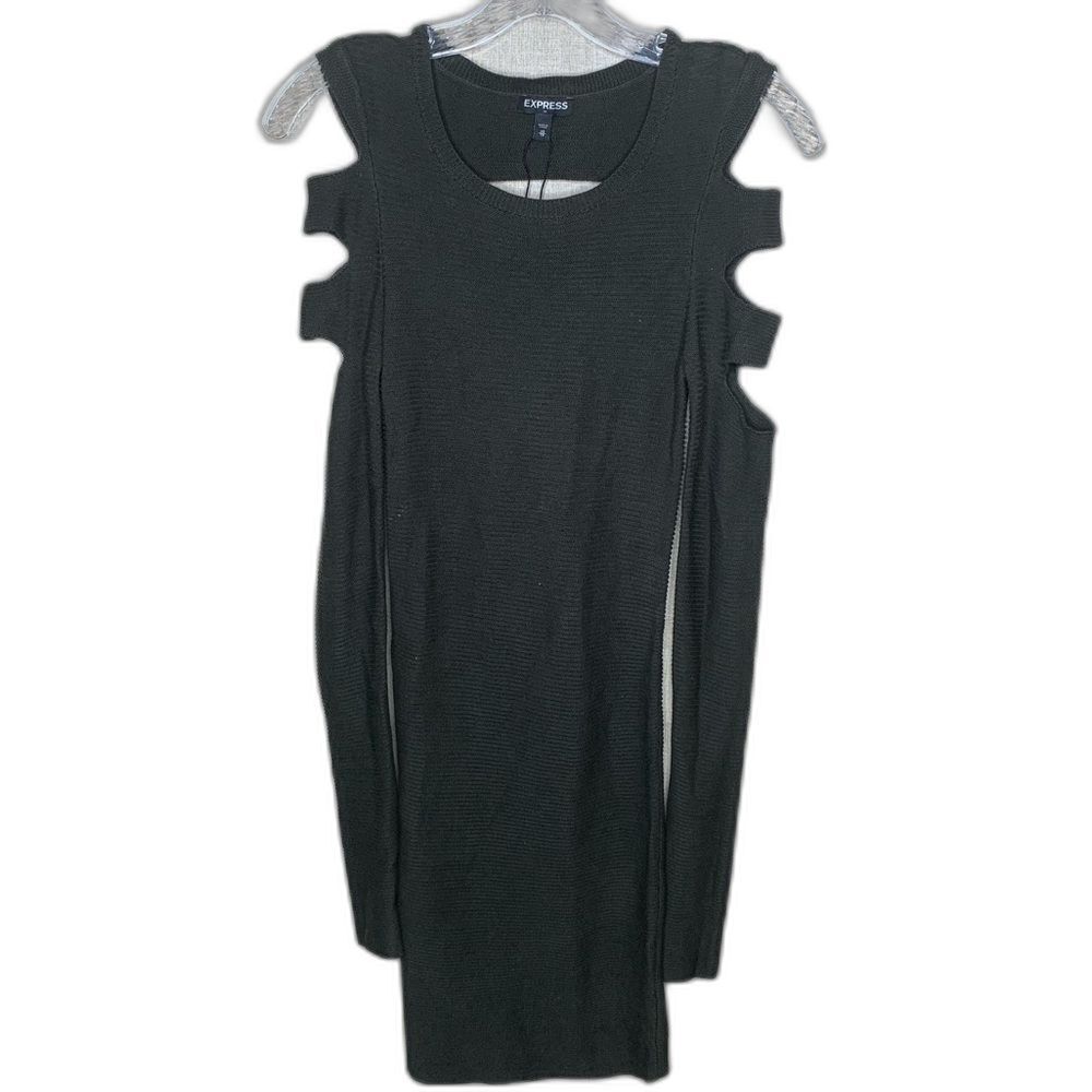 Vintage Express Grunge Sweater Dress XS Olive Green Distressed Back Bodycon Knit - Picture 3 of 9